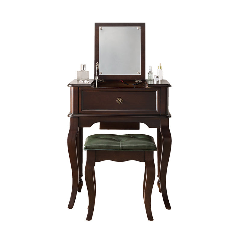 Traditions Rubberwood Vanity Set with Mirror 18.11" Wide Brown Vanity Makeup Vanity & Stools 25"L x 18"W x 30"H Dark Walnut Clearhalo 'Bedroom Furniture' 'furn' 'furn_makeup_vanities' 'Furniture' 'Makeup Vanities' 'makeup_vanities' 5995742