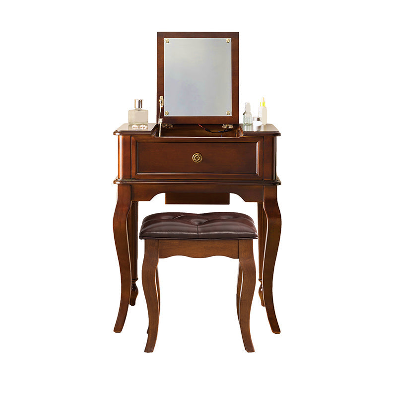 Traditions Rubberwood Vanity Set with Mirror 18.11" Wide Brown Vanity Makeup Vanity & Stools 25"L x 18"W x 30"H Walnut Clearhalo 'Bedroom Furniture' 'furn' 'furn_makeup_vanities' 'Furniture' 'Makeup Vanities' 'makeup_vanities' 5995745