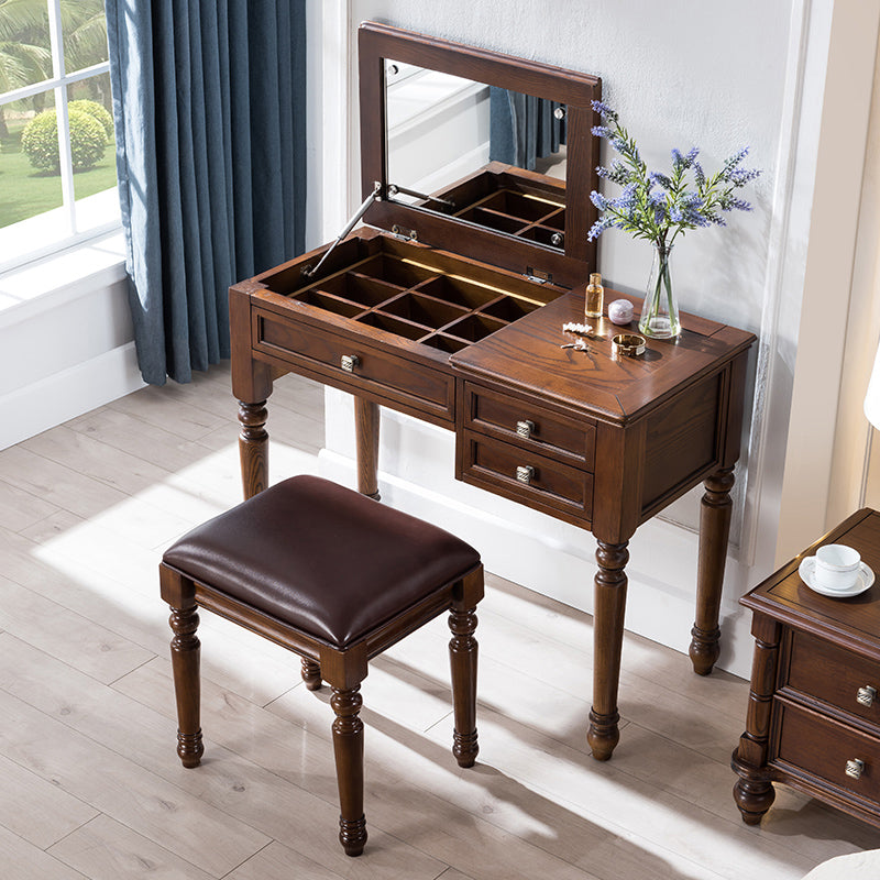 17.71" Wide Ash Vanity Set with Mirror Brown Dresser with 2-Drawer