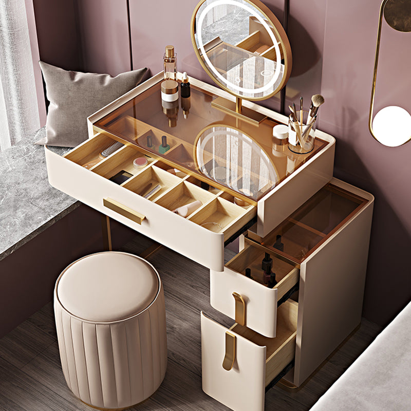 Tavolo da vanità in vetro in legno massiccio set con sgabello e specchio da 25,59 "w a 3-catrawer trucco