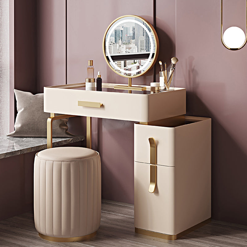 Tavolo da vanità in vetro in legno massiccio set con sgabello e specchio da 25,59 "w a 3-catrawer trucco