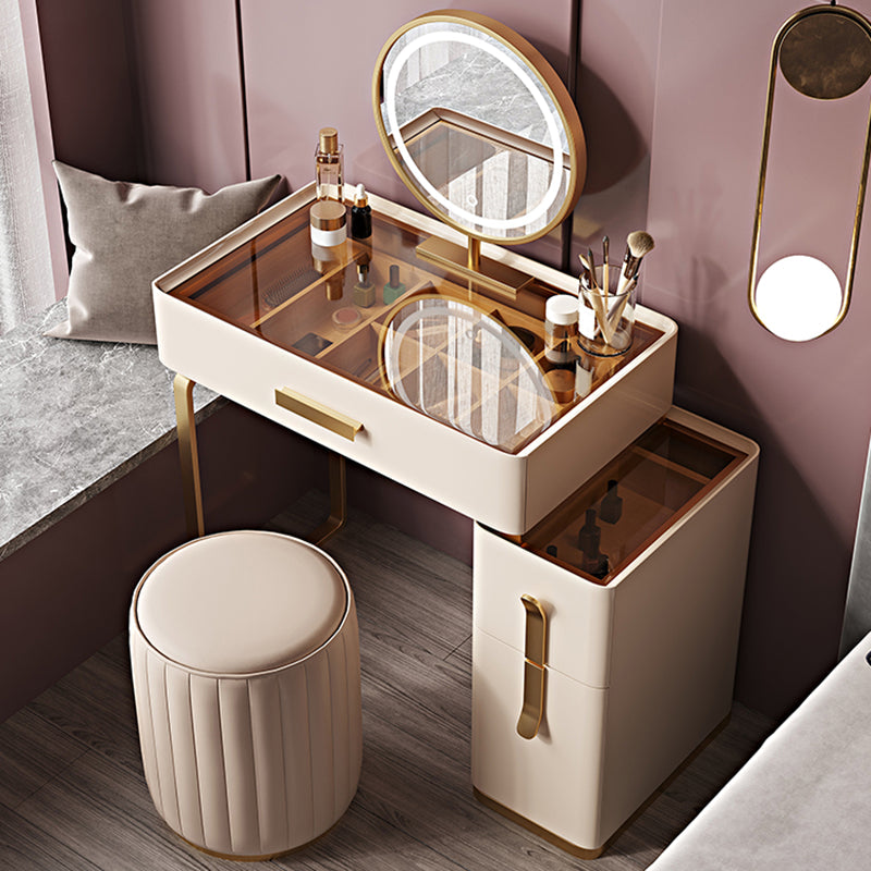 Tavolo da vanità in vetro in legno massiccio set con sgabello e specchio da 25,59 "w a 3-catrawer trucco