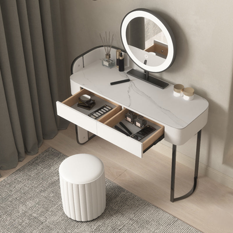 Modern Simple 2-Drawer Vanity Table Stone Top Dressing Table in White with Stool