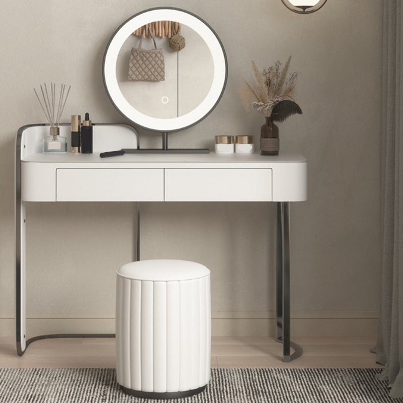 Modern Simple 2-Drawer Vanity Table Stone Top Dressing Table in White with Stool