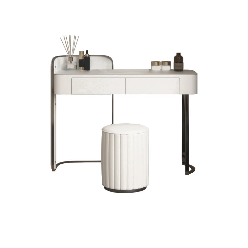 Modern Simple 2-Drawer Vanity Table Stone Top Dressing Table in White with Stool