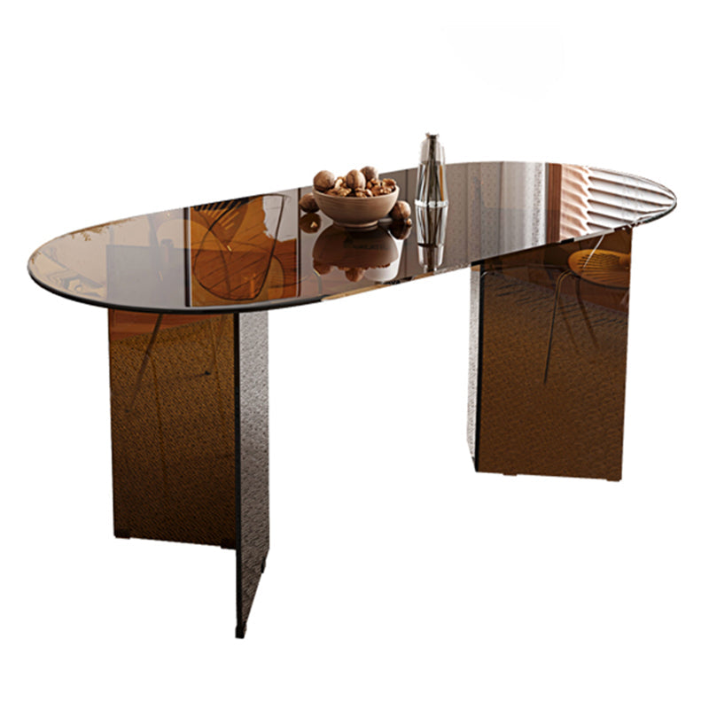 Glass Dining table Modern Oval Dining Table with Double Pedestal