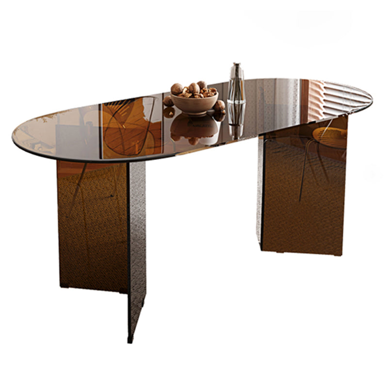 Glass Top Dining Table Oval Dining Table with Double Pedestal