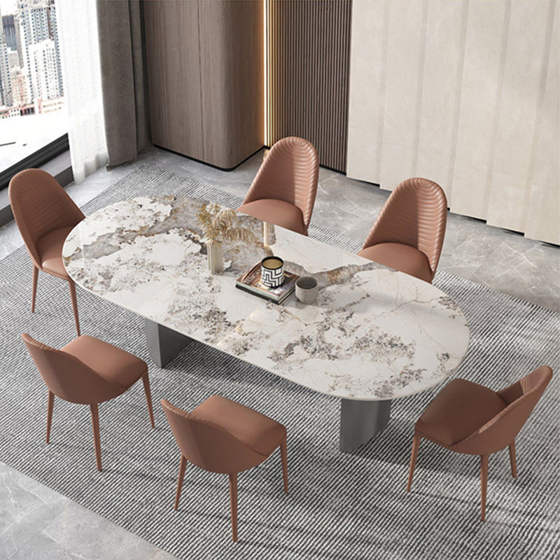 Stone Dining Table Traditional Luxury Dining Table with Double Pedestal Oval 55.1"L x 31.5"W x 29.5"H Without Chairs Clearhalo 'Dining Tables & Seating' 'Dining Tables' 'dining_table' 'furn' 'furn_dining_table' 'Furniture' 'Kitchen & Dining Furniture' 5997279