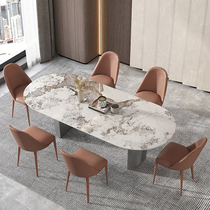 Stone Dining Table Traditional Luxury Dining Table with Double Pedestal Oval 55.1"L x 31.5"W x 29.5"H Without Chairs Clearhalo 'Dining Tables & Seating' 'Dining Tables' 'dining_table' 'furn' 'furn_dining_table' 'Furniture' 'Kitchen & Dining Furniture' 5997279
