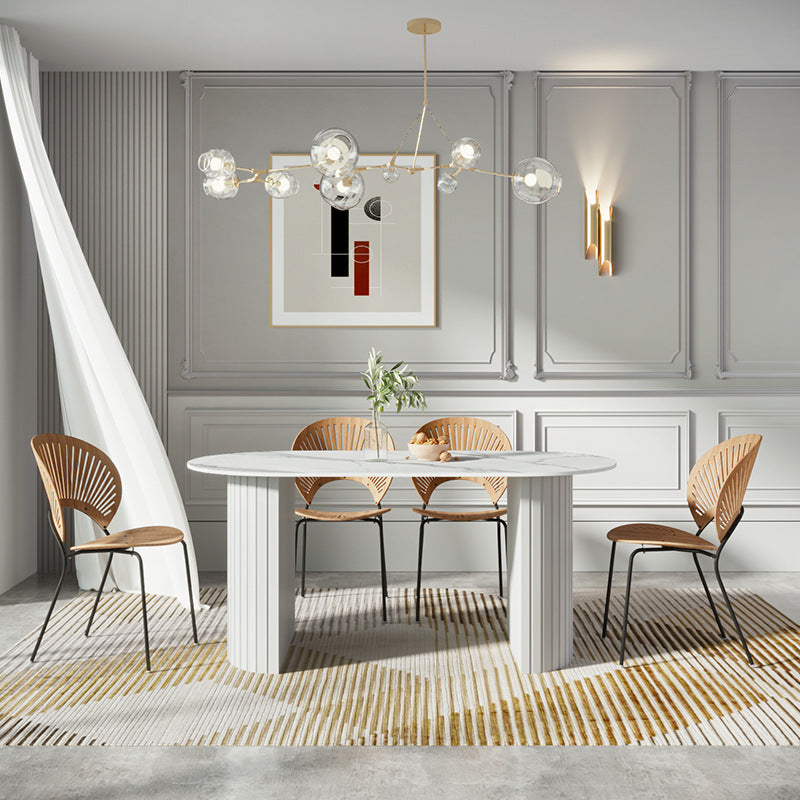 Sintered Stone Dining Table Modern White Furniture with Double Pedestal for Office Oval 55.1"L x 27.6"W x 29.5"H Without Chairs Clearhalo 'Dining Tables & Seating' 'Dining Tables' 'dining_table' 'furn' 'furn_dining_table' 'Furniture' 'Kitchen & Dining Furniture' 5997414