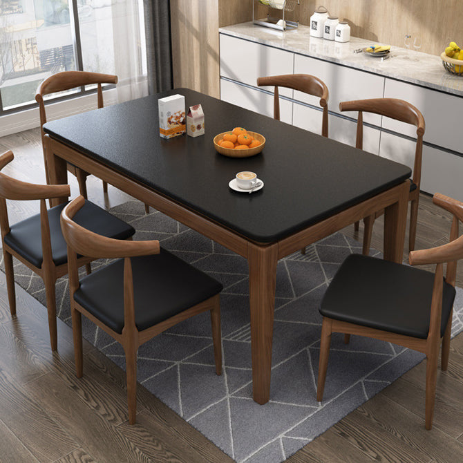 Rectangle Stone Top Table Mid-Century Modern Dining Table with 4 Wood Legs Black 55.1"L x 31.5"W x 29.5"H Without Chairs Clearhalo 'Dining Tables & Seating' 'Dining Tables' 'dining_table' 'furn' 'furn_dining_table' 'Furniture' 'Kitchen & Dining Furniture' 5997593