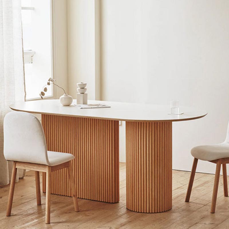 Ovaal vaste houten eettafel modern wit-natuurlijke meubels met dubbel voetstuk voor thuis