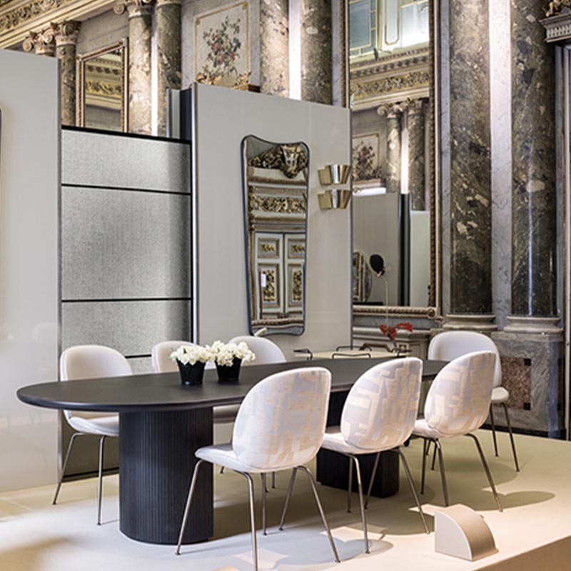 Mesa de comedor de madera maciza ovalada muebles negros modernos con doble pedestal para apartamento