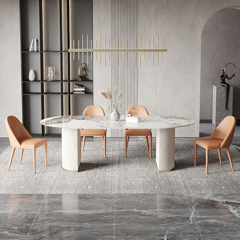 Oval Dining Table Traditional Luxury Stone Dining Table with Double Pedestal Pandora Gold 63"L x 31.5"W x 29.5"H Without Chairs Clearhalo 'Dining Tables & Seating' 'Dining Tables' 'dining_table' 'furn' 'furn_dining_table' 'Furniture' 'Kitchen & Dining Furniture' 5998073