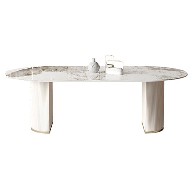 Oval Dining Table Traditional Luxury Stone Dining Table with Double Pedestal Pandora Gold 70.9"L x 35.4"W x 29.5"H Without Chairs Clearhalo 'Dining Tables & Seating' 'Dining Tables' 'dining_table' 'furn' 'furn_dining_table' 'Furniture' 'Kitchen & Dining Furniture' 5998075