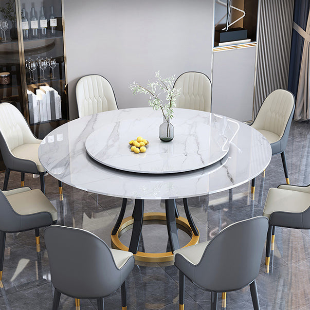 Round Sintered Stone Dining Table Modern Turntable Furniture with Solid Wood Pedestal Base White Gold Without Chairs Clearhalo 'Dining Tables & Seating' 'Dining Tables' 'dining_table' 'furn' 'furn_dining_table' 'Furniture' 'Kitchen & Dining Furniture' 5998241