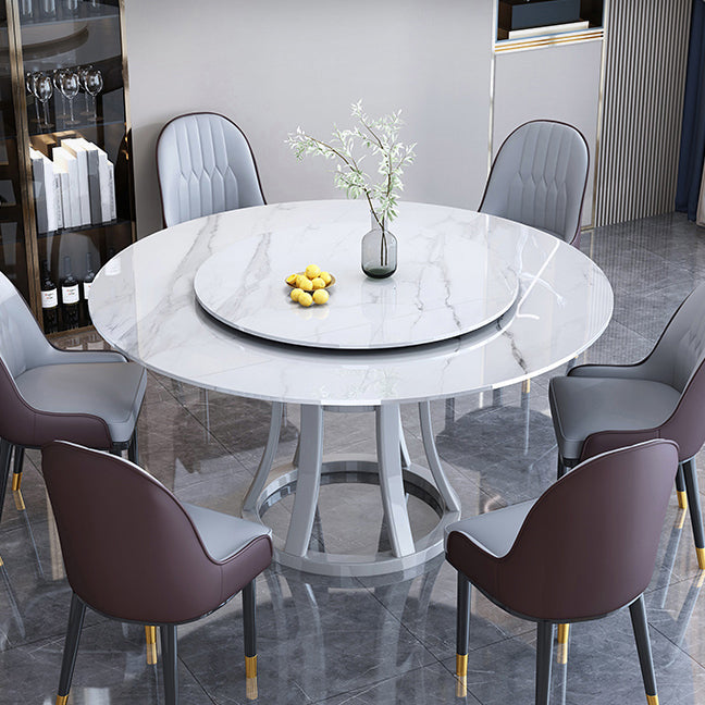 Round Sintered Stone Dining Table Modern Turntable Furniture with Solid Wood Pedestal Base White Grey Without Chairs Clearhalo 'Dining Tables & Seating' 'Dining Tables' 'dining_table' 'furn' 'furn_dining_table' 'Furniture' 'Kitchen & Dining Furniture' 5998243