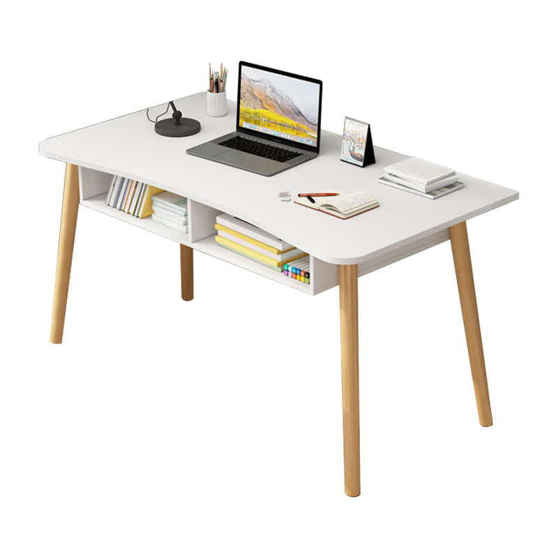 Modern White and Brown Office Desk Parsons Wooden Curved Writing Desk for Bedroom 47.2"L x 23.6"W x 28.3"H White Shelves Clearhalo 'furn' 'furn_office_desk' 'Furniture' 'Office Desks' 'Office Furniture' 'office_desk' 6005065