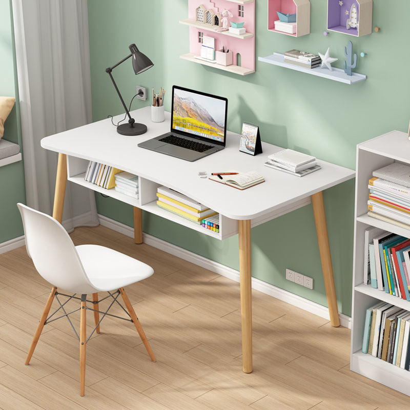 Modern White and Brown Office Desk Parsons Wooden Curved Writing Desk for Bedroom 39.4"L x 19.7"W x 28.3"H White Shelves Clearhalo 'furn' 'furn_office_desk' 'Furniture' 'Office Desks' 'Office Furniture' 'office_desk' 6005066