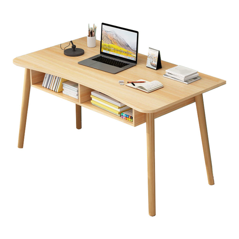 Modern White and Brown Office Desk Parsons Wooden Curved Writing Desk for Bedroom 47.2"L x 23.6"W x 28.3"H Natural Shelves Clearhalo 'furn' 'furn_office_desk' 'Furniture' 'Office Desks' 'Office Furniture' 'office_desk' 6005076