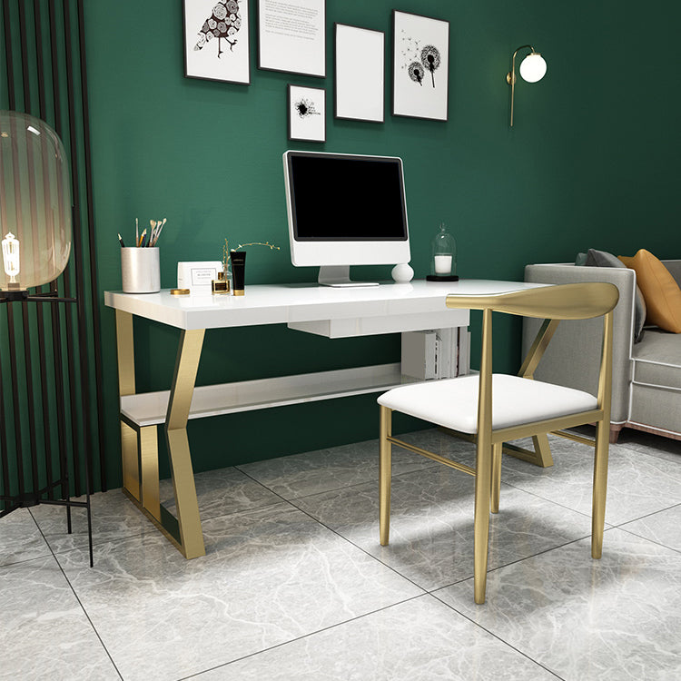 Glam Dormitory Writing Desk Rectangular Writing Desk with Metal Legs 55.1"L x 27.6"W x 29.5"H Drawers Clearhalo 'furn' 'furn_office_desk' 'Furniture' 'Office Desks' 'Office Furniture' 'office_desk' 6005097