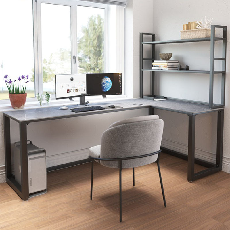 Escritorio de escritura de piedra gris contemporánea Desk de oficina de lanar en trineo L para hogar