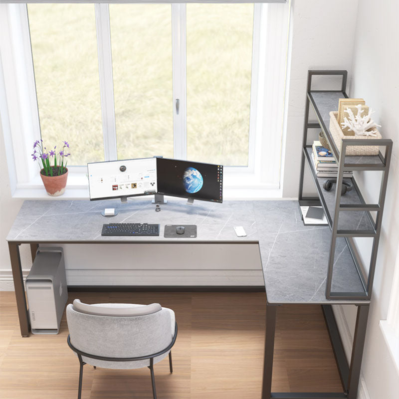 Escritorio de escritura de piedra gris contemporánea Desk de oficina de lanar en trineo L para hogar