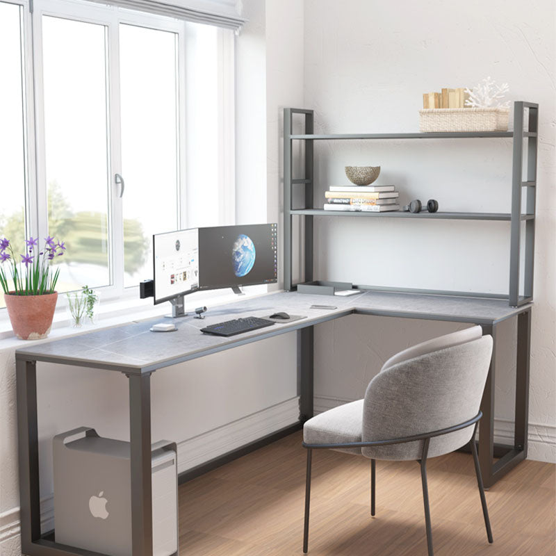 Escritorio de escritura de piedra gris contemporánea Desk de oficina de lanar en trineo L para hogar