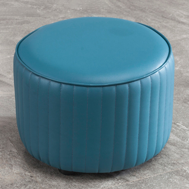 Contemporary Pouf Ottoman Genuine Leather Upholstered Solid Color Cylinder Shape Ottoman 14"L x 14"W x 10"H Peacock Blue 1 Piece Clearhalo 'furn' 'furn_ottomans_poufs' 'Furniture' 'Living Room Furniture' 'Ottomans & Poufs' 'ottomans_poufs' 6007092