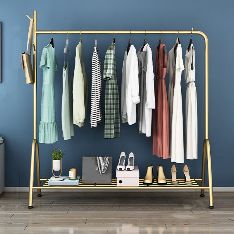 Modern Metal Hall Stand Hanging Rail Lower Shelf and Hooks Entry Hall Tree 59"L x 14"W x 64"H Gold Single Branch Clearhalo 'Entry & Mudroom Furniture' 'furn' 'furn_hall_tree_coat_racks' 'Furniture' 'Hall Trees & Coat Racks' 'hall_tree_coat_racks' 6008621