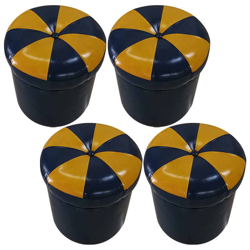 Modern Pouf Ottoman Faux Leather Tufted Geometric Printed Cylinder Shape Ottoman Dark Blue-Yellow 4 Piece Set Clearhalo 'furn' 'furn_ottomans_poufs' 'Furniture' 'Living Room Furniture' 'Ottomans & Poufs' 'ottomans_poufs' 6009171