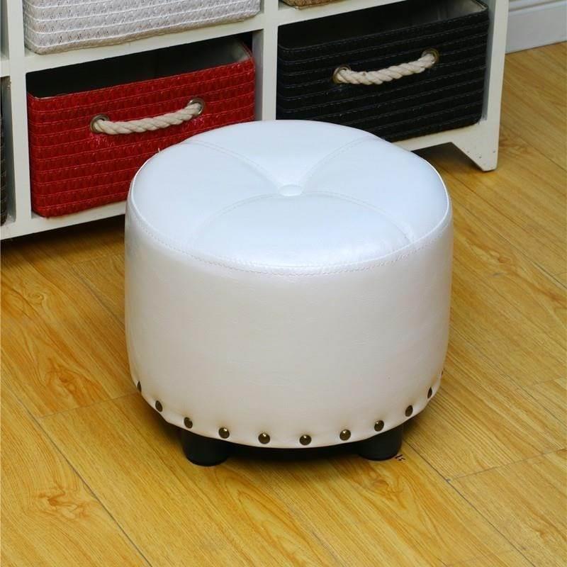 Cylinder Pouf Pure Color Tufted Nailhead Trim Faux Leather Standard Ottoman 11.8"L x 11.8"W x 9.8"H White 1 Piece Clearhalo 'furn' 'furn_ottomans_poufs' 'Furniture' 'Living Room Furniture' 'Ottomans & Poufs' 'ottomans_poufs' 6009560