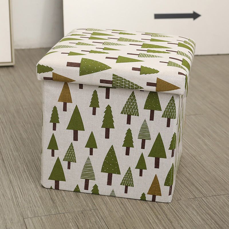Modern Blue Square Ottoman Trees Pattern Cotton Indoor Ottoman