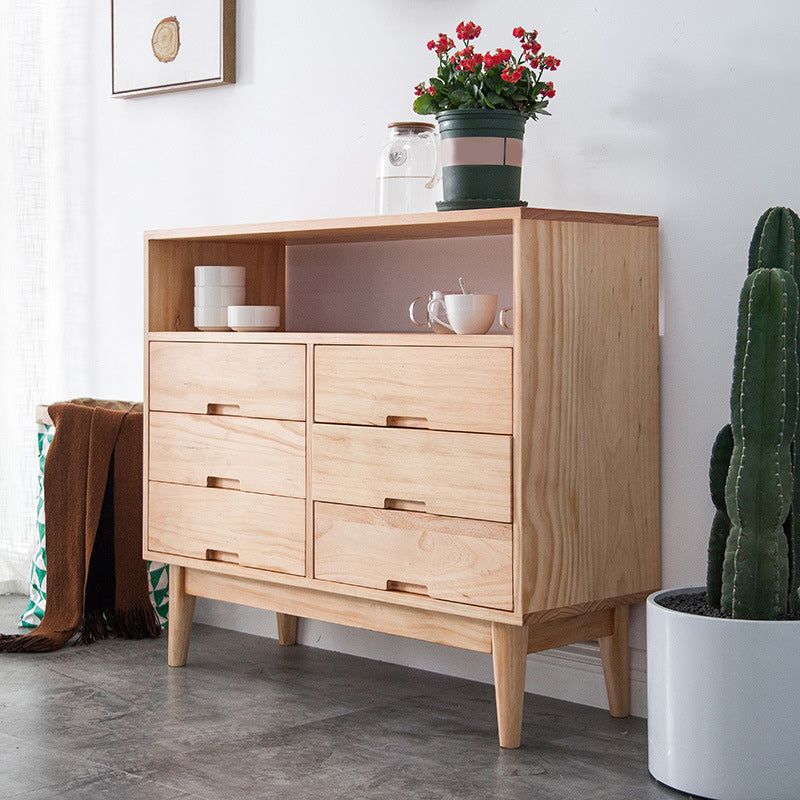 Contemporary Natural Wooden Chest with Shelf and 6 Drawers Accent Chest