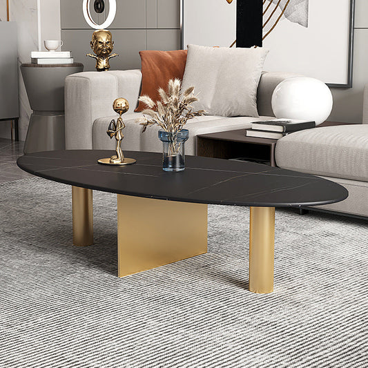 Glam Oval Stone Top Coffee Table with Metal 3 Legs Cocktail Table