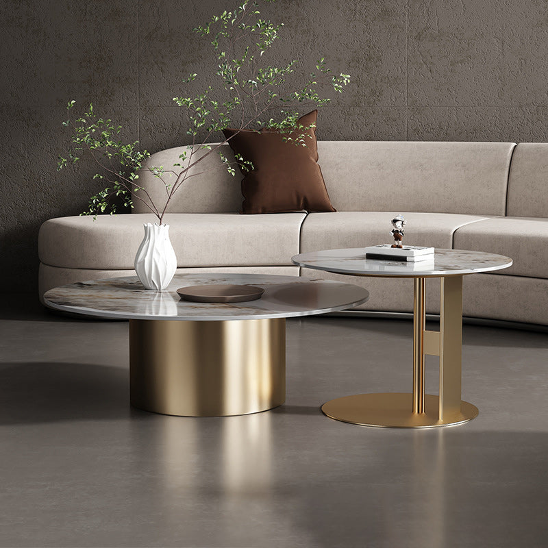 Luxurious Round Stone Coffee Table Set Pedestal Dia 31.5" Cocktail Table Clearhalo 'Coffee & Accent Tables' 'Coffee Tables' 'coffee_tables' 'furn' 'furn_coffee_tables' 'Furniture' 'Living Room Furniture' 6013905