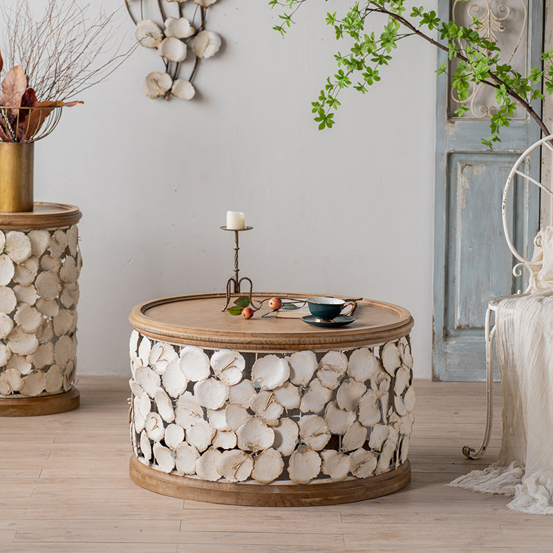 Drum Shaped Coffee Table French Country Distressed Wood Cocktail Table 31"L x 31"W x 18"H Clearhalo 'Coffee & Accent Tables' 'Coffee Tables' 'coffee_tables' 'furn' 'furn_coffee_tables' 'Furniture' 'Living Room Furniture' 6013970