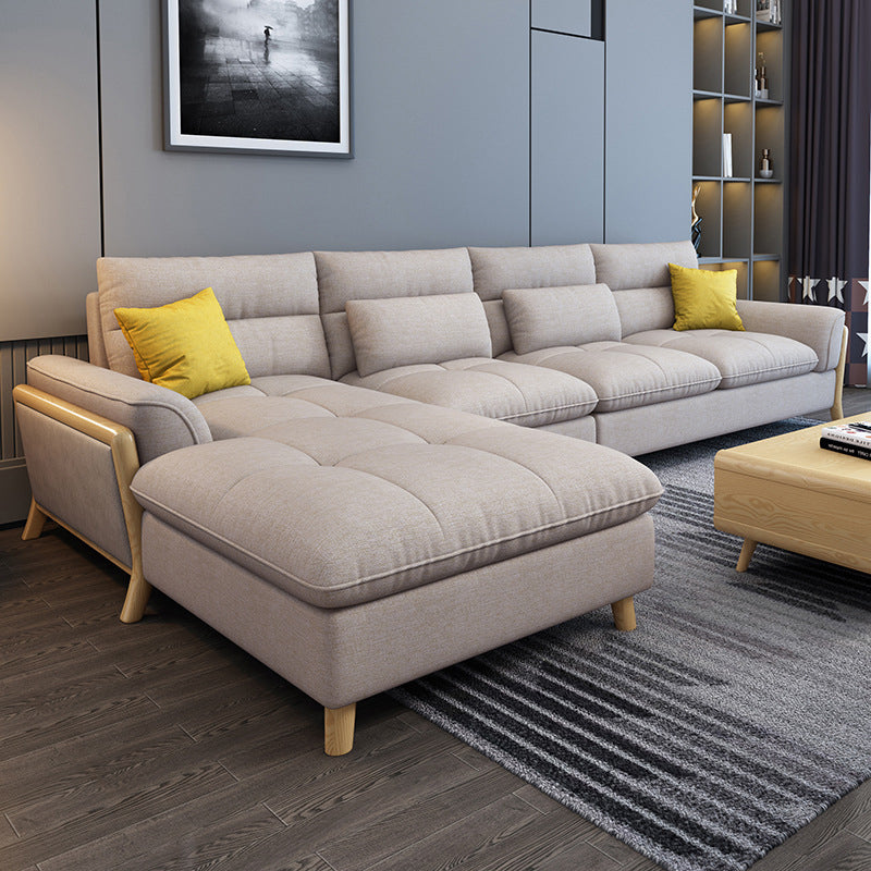 Flared Arm Linen Sectional Scandinavian 4-seater Sectional with Pillows Brown Left Clearhalo 'furn' 'furn_sectionals' 'Furniture' 'Living Room Furniture' 'Sectionals' 6014010