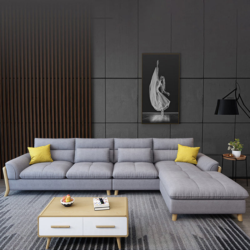 Flared Arm Linen Sectional Scandinavian 4-seater Sectional with Pillows Gray Right Latex Clearhalo 'furn' 'furn_sectionals' 'Furniture' 'Living Room Furniture' 'Sectionals' 6014018