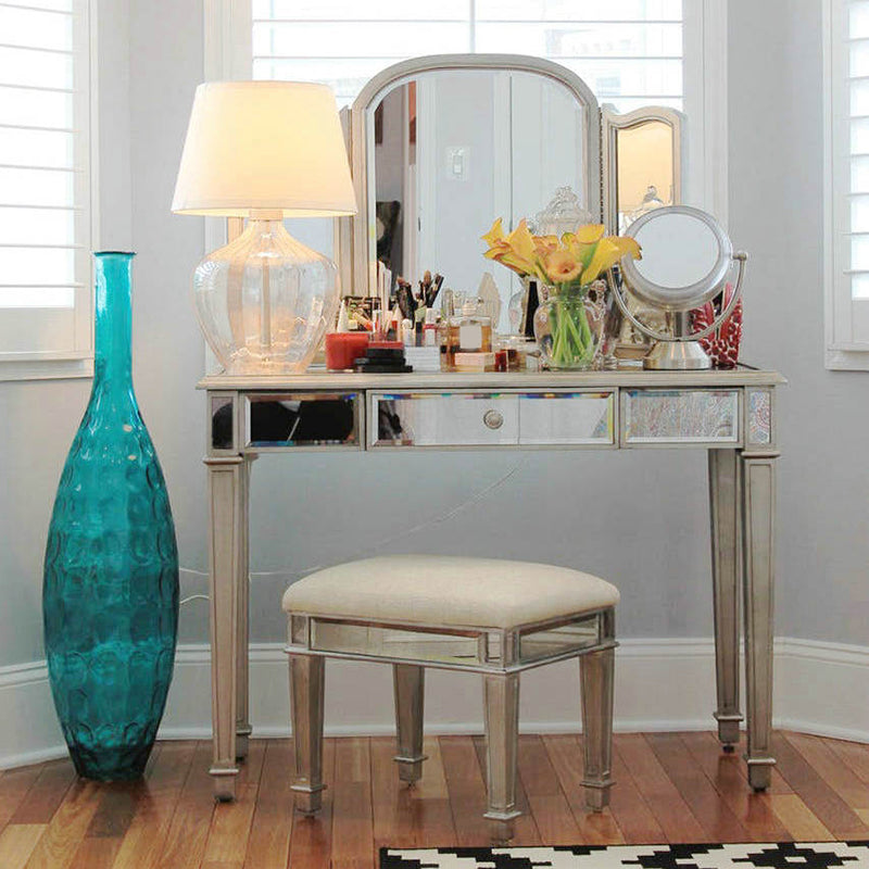 3つの収納引き出し付きスリバーバニティセットガラスメイクアップバニティ、17.71 "幅