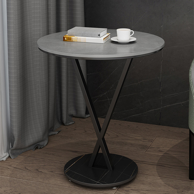 Modernistic Slate Top Round Side End Table Metal X-base End Table