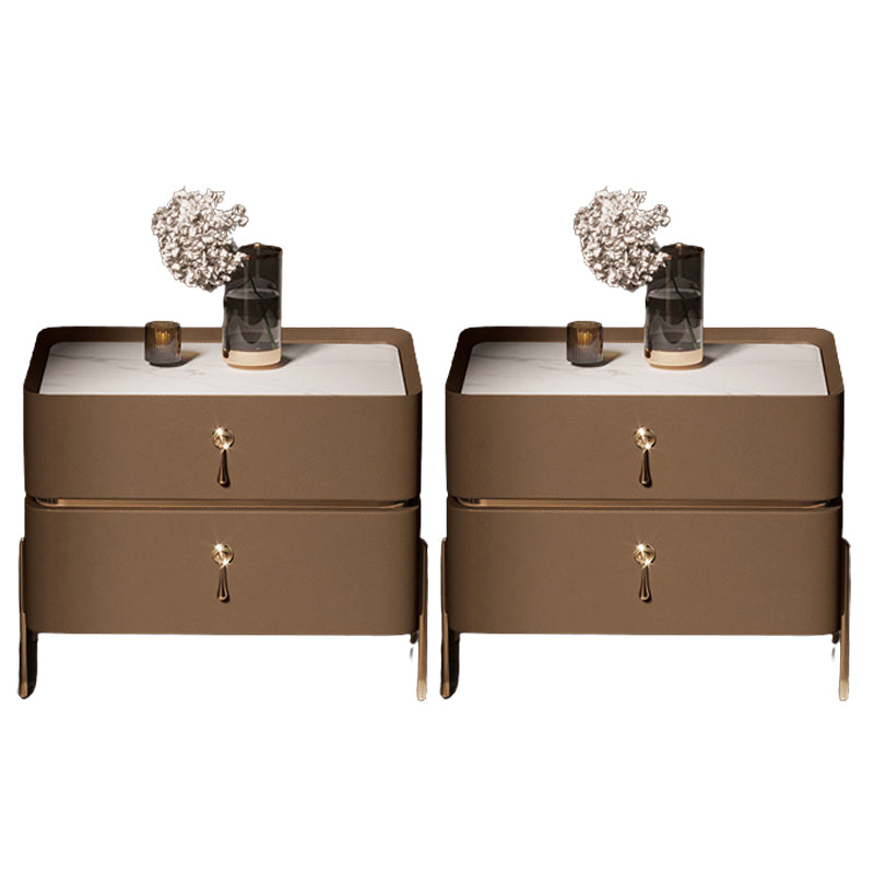 2-drawer Nightstand Contemporary Stone Night Table ,19.7" Tall Brown 2 Piece Set Clearhalo 'Bedroom Furniture' 'furn' 'furn_night_stand' 'Furniture' 'night_stand' 'Nightstands' 6015348