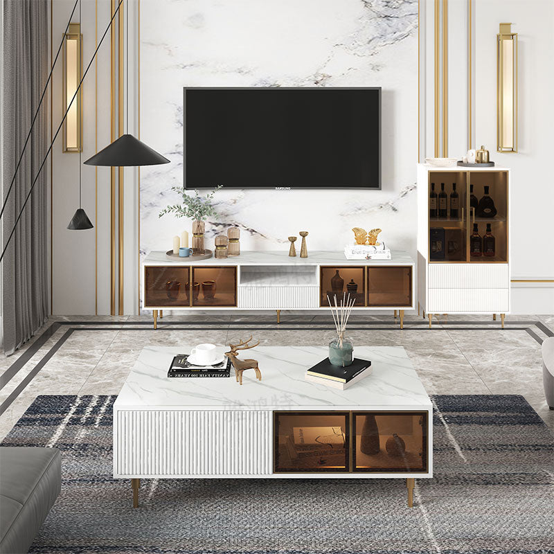 Stone and Wooden TV Media Stand with Doors Contemporary TV Stand Clearhalo 'furn' 'furn_tv_stands_entertainment_centers' 'Furniture' 'Living Room Furniture' 'TV Stands & Entertainment Centers' 'TV Stands & Media Storage Furniture' 'tv_stands_entertainment_centers' 6015594