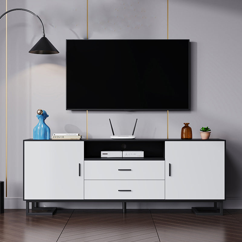 2 Drawers Contemporary TV Stand Solid Wood TV Cabinet with Shelves 63"L x 14"W x 24"H White-Black Clearhalo 'furn' 'furn_tv_stands_entertainment_centers' 'Furniture' 'Living Room Furniture' 'TV Stands & Entertainment Centers' 'TV Stands & Media Storage Furniture' 'tv_stands_entertainment_centers' 6015724
