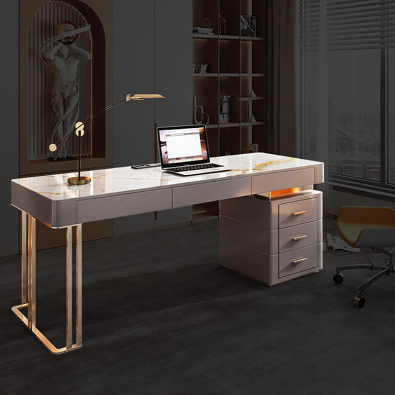 Grey Office Desk Mirrored Rectangular Drawers Storage Desk with Metal Leg 63"L x 27.6"W x 29.5"H Gray-Khaki Clearhalo 'furn' 'furn_office_desk' 'Furniture' 'Office Desks' 'Office Furniture' 'office_desk' 6018993