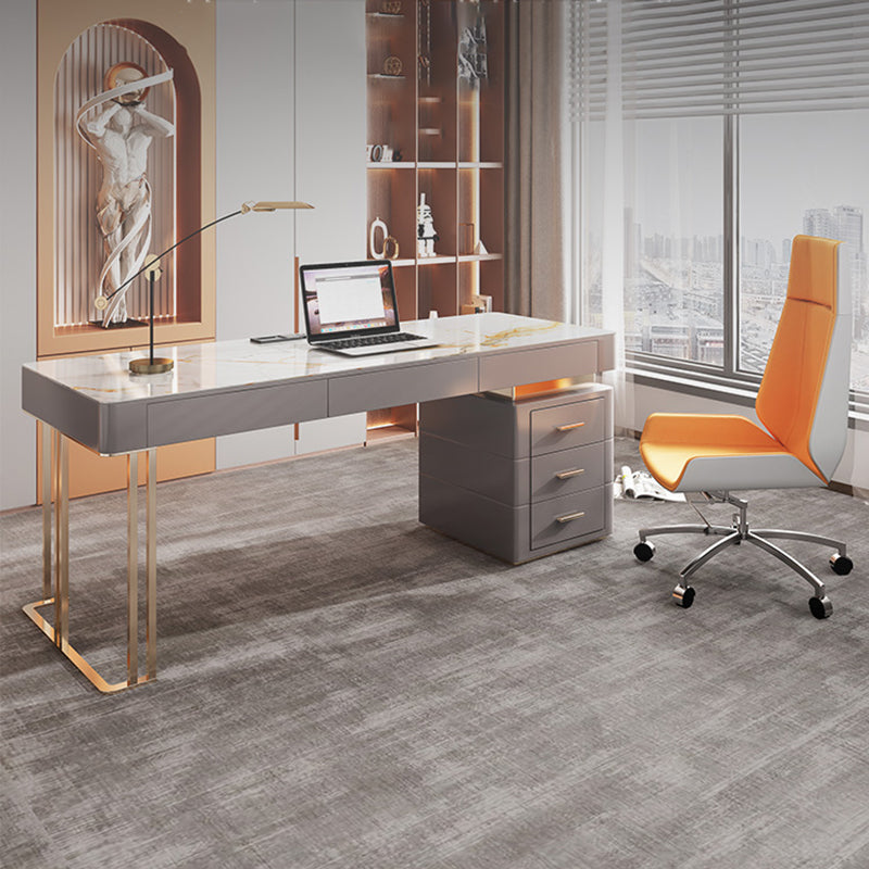 Grey Office Desk Mirrored Rectangular Drawers Storage Desk with Metal Leg Clearhalo 'furn' 'furn_office_desk' 'Furniture' 'Office Desks' 'Office Furniture' 'office_desk' 6018995