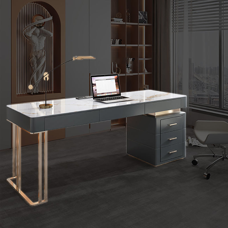Grey Office Desk Mirrored Rectangular Drawers Storage Desk with Metal Leg 63"L x 27.6"W x 29.5"H Dark Gray Clearhalo 'furn' 'furn_office_desk' 'Furniture' 'Office Desks' 'Office Furniture' 'office_desk' 6018996