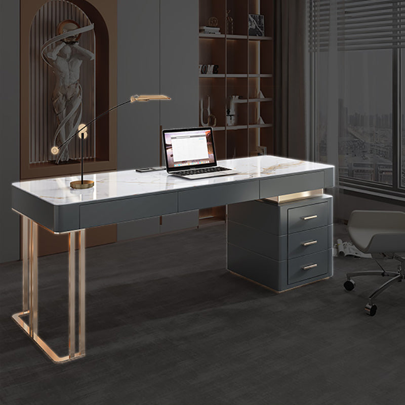 Grey Office Desk Mirrored Rectangular Drawers Storage Desk with Metal Leg 55.1"L x 27.6"W x 29.5"H Dark Gray Clearhalo 'furn' 'furn_office_desk' 'Furniture' 'Office Desks' 'Office Furniture' 'office_desk' 6018999