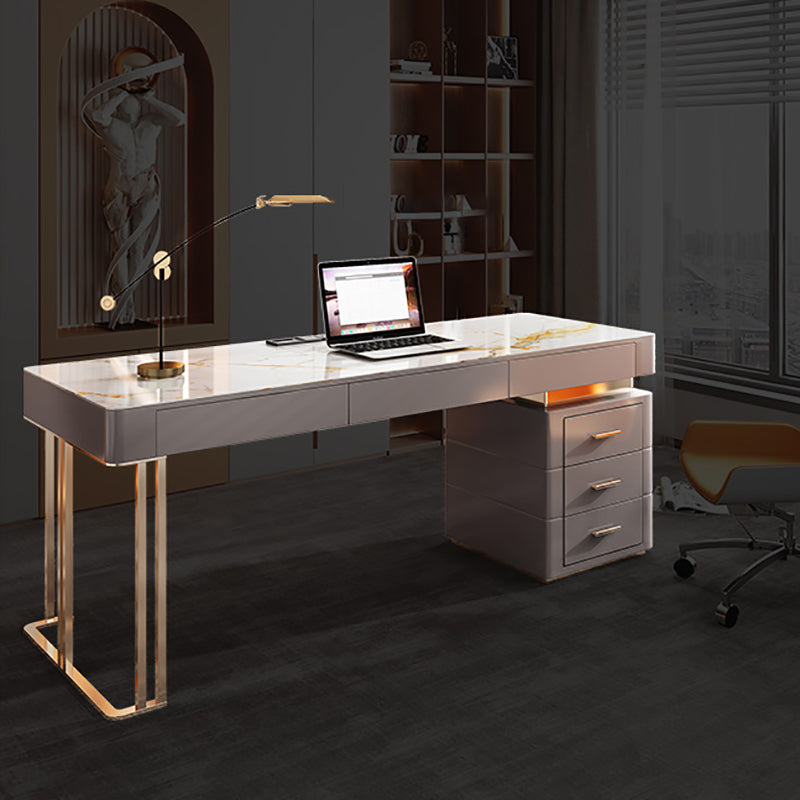 Grey Office Desk Mirrored Rectangular Drawers Storage Desk with Metal Leg 55.1"L x 27.6"W x 29.5"H Gray-Khaki Clearhalo 'furn' 'furn_office_desk' 'Furniture' 'Office Desks' 'Office Furniture' 'office_desk' 6019001