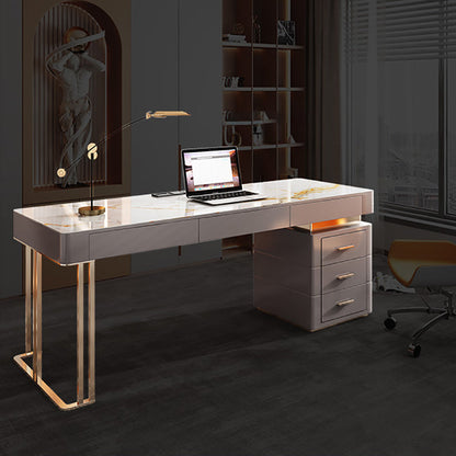 Grey Office Desk Mirrored Rectangular Drawers Storage Desk with Metal Leg 55.1"L x 27.6"W x 29.5"H Gray-Khaki Clearhalo 'furn' 'furn_office_desk' 'Furniture' 'Office Desks' 'Office Furniture' 'office_desk' 6019001